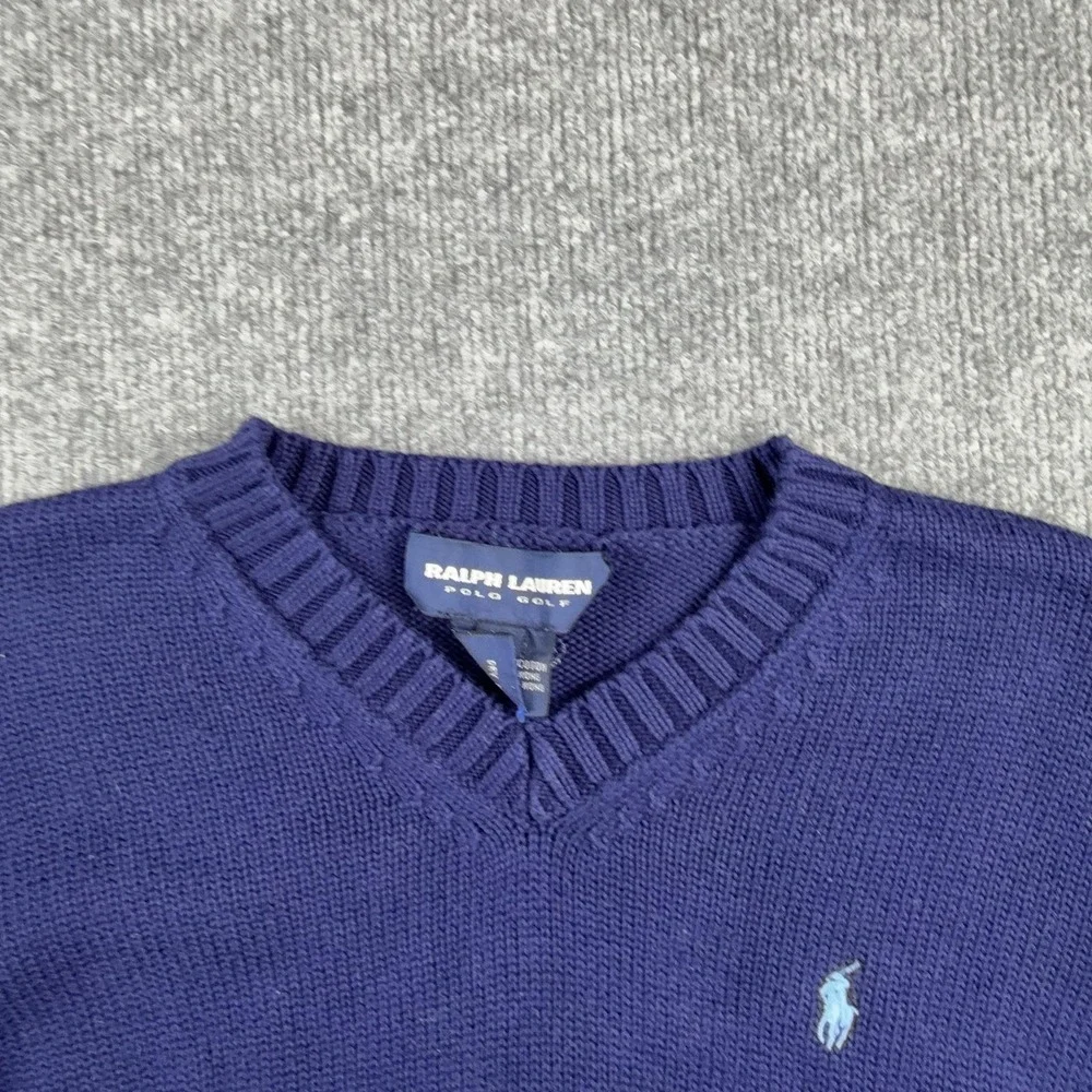 Ralph Lauren Sweater Mens Medium Blue V Neck Cotton Knit Pullover Polo Golf